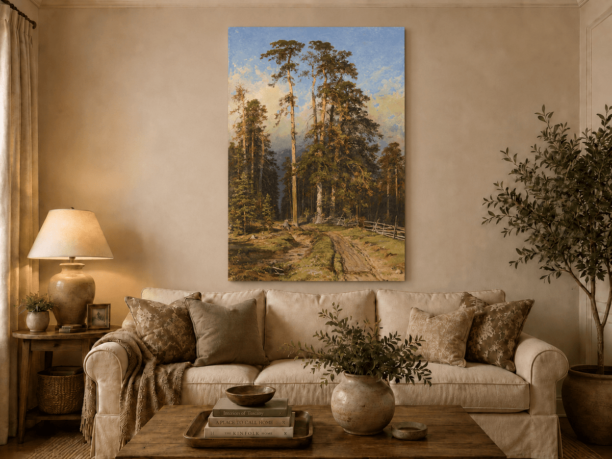 Unframed hand-painted forest path oil painting with tall pine trees and a sandy trail displayed above a neutral living room sofa.