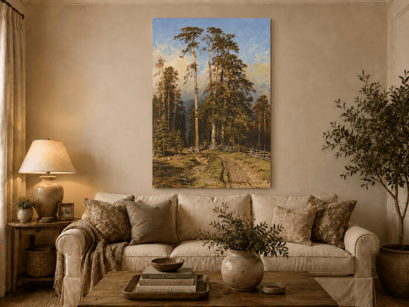 Unframed hand-painted forest path oil painting with tall pine trees and a sandy trail displayed above a neutral living room sofa.