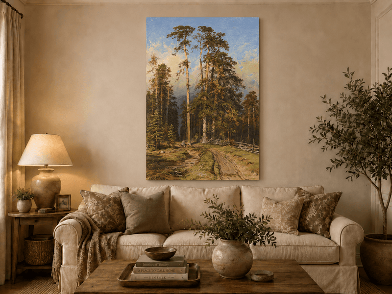 Unframed hand-painted forest path oil painting with tall pine trees and a sandy trail displayed above a neutral living room sofa.