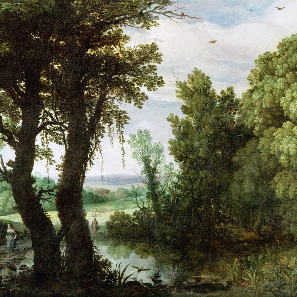 Landscape oil painting with textured brushwork showing figures walking along a forest path beside a quiet river under a. - Add Frame, Canvas, Figure, Forest, Hand Painted, Landscape, Made To Order, Oil Painting, River, Road
