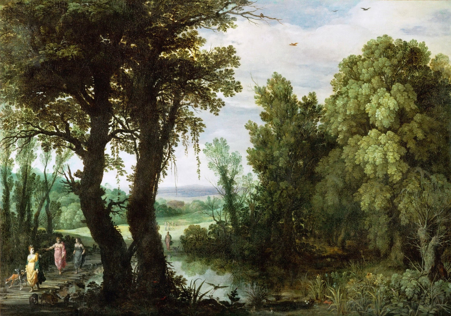 Landscape oil painting with textured brushwork showing figures walking along a forest path beside a quiet river under a. - Add Frame, Canvas, Figure, Forest, Hand Painted, Landscape, Made To Order, Oil Painting, River, Road