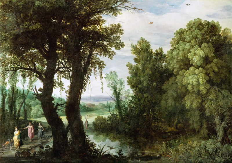 Landscape oil painting with textured brushwork showing figures walking along a forest path beside a quiet river under a. - Add Frame, Canvas, Figure, Forest, Hand Painted, Landscape, Made To Order, Oil Painting, River, Road