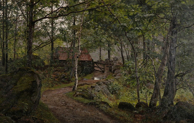 Landscape oil painting of a forest path leading to a rustic cottage gate, hand painted oil on canvas with textured brushwork . - Add Frame, Canvas, Cottage, Forest, Hand Painted, Landscape, Made To Order, Oil Painting, Road