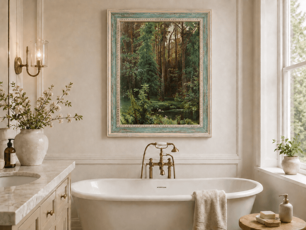 Framed hand-painted forest pond oil painting with dense pines and reflective water displayed above a freestanding bathtub.