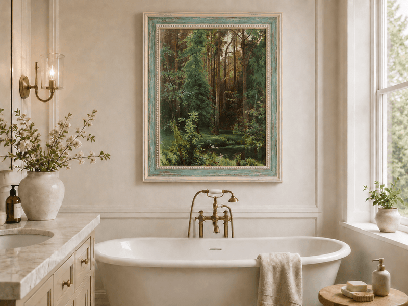Framed hand-painted forest pond oil painting with dense pines and reflective water displayed above a freestanding bathtub.