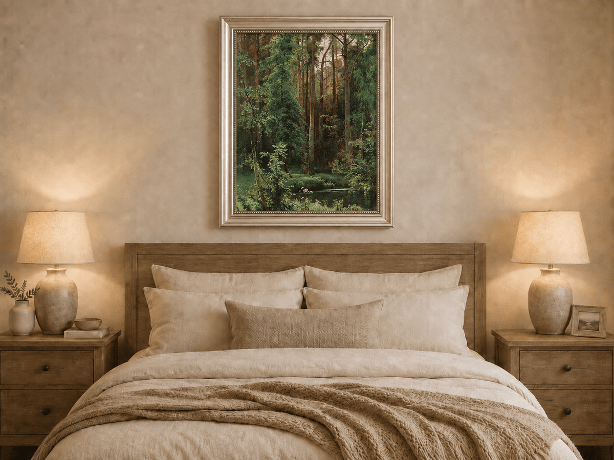 Framed hand-painted forest pond oil painting with dense pines and reflective water displayed above a wooden bed in a neutral bedroom.