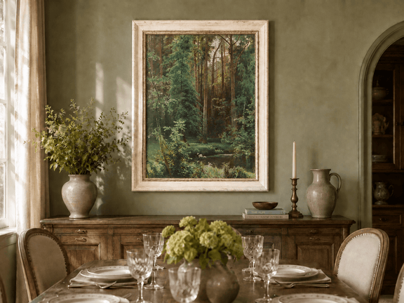 Framed hand-painted forest pond oil painting with dense pines and reflective water displayed above a formal dining table.