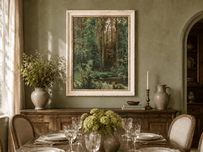 Framed hand-painted forest pond oil painting with dense pines and reflective water displayed above a formal dining table.
