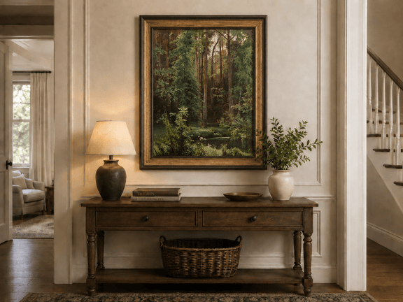 Framed hand-painted forest pond oil painting with dense pines and reflective water displayed above an entryway console table.