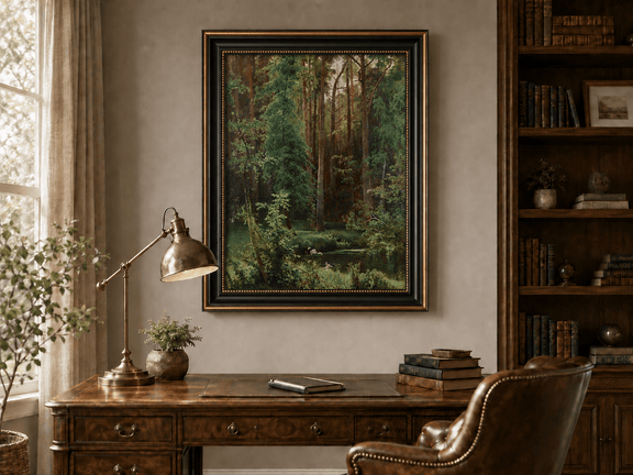 Framed hand-painted forest pond oil painting with dense pines and reflective water displayed above a traditional home office desk.