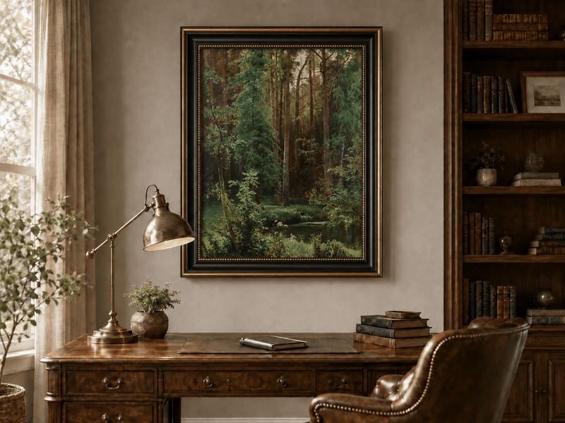 Framed hand-painted forest pond oil painting with dense pines and reflective water displayed above a traditional home office desk.