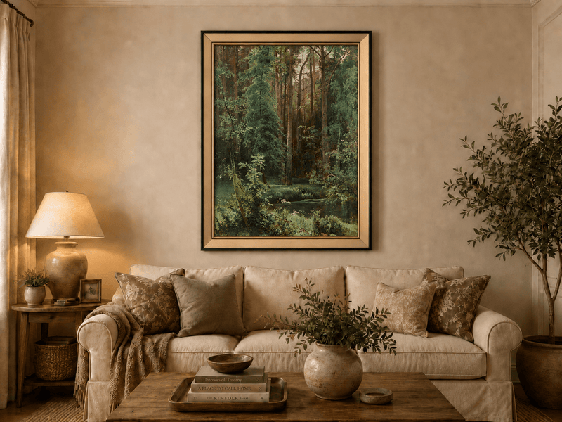 Framed hand-painted forest pond oil painting with dense pines and reflective water displayed above a neutral living room sofa.