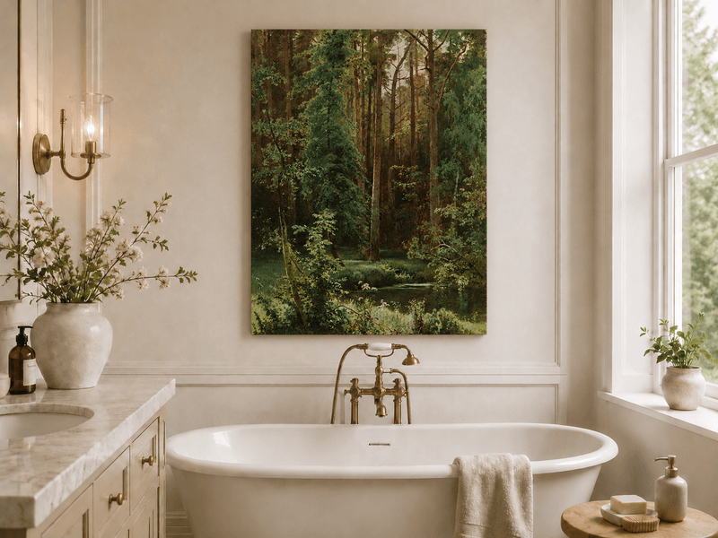 Unframed hand-painted forest pond oil painting with dense pines and reflective water displayed above a freestanding bathtub.