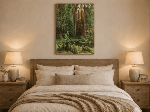 Unframed hand-painted forest pond oil painting with dense pines and reflective water displayed above a wooden bed in a neutral bedroom.
