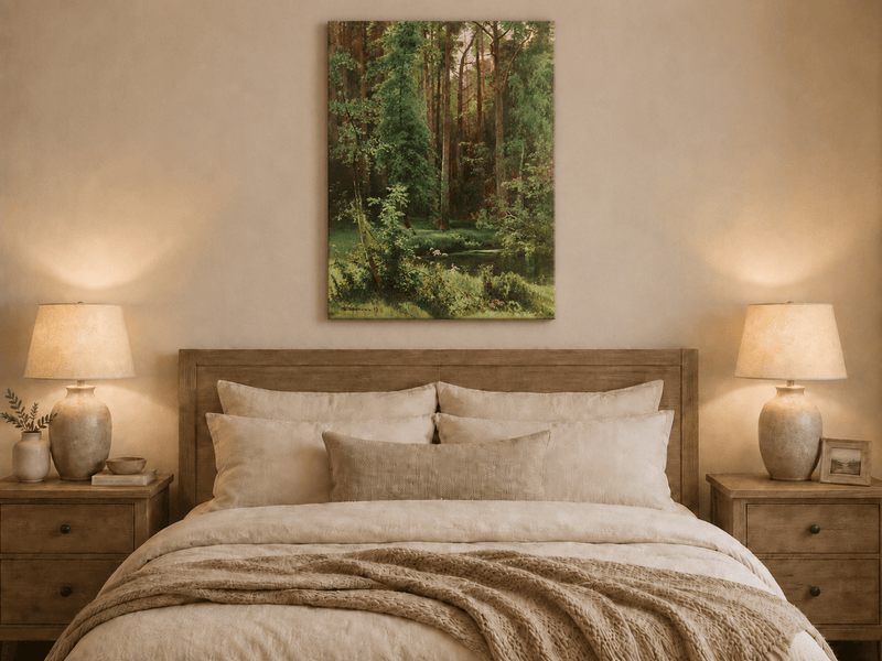 Unframed hand-painted forest pond oil painting with dense pines and reflective water displayed above a wooden bed in a neutral bedroom.