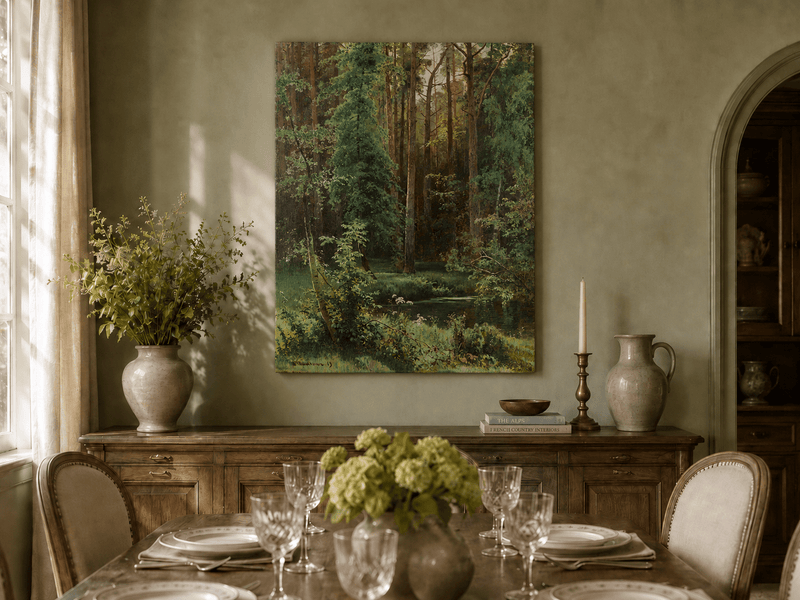Unframed hand-painted forest pond oil painting with dense pines and reflective water displayed above a formal dining table.