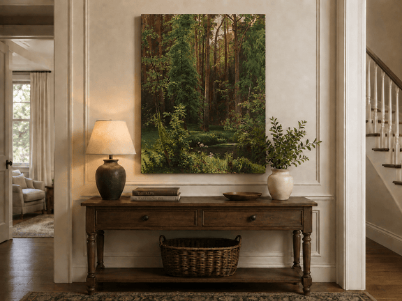 Unframed hand-painted forest pond oil painting with dense pines and reflective water displayed above an entryway console table.