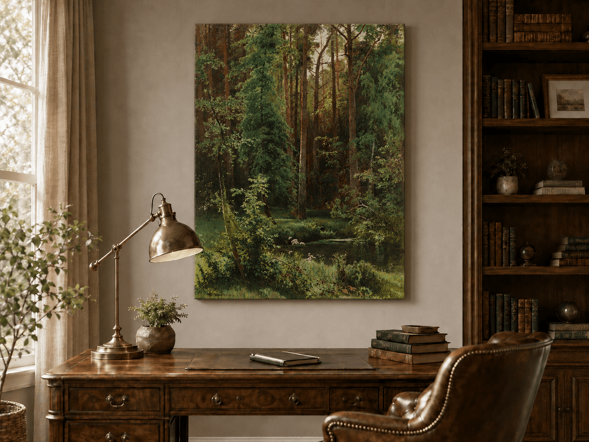 Unframed hand-painted forest pond oil painting with dense pines and reflective water displayed above a traditional home office desk.