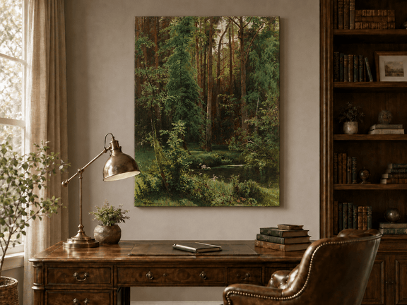 Unframed hand-painted forest pond oil painting with dense pines and reflective water displayed above a traditional home office desk.
