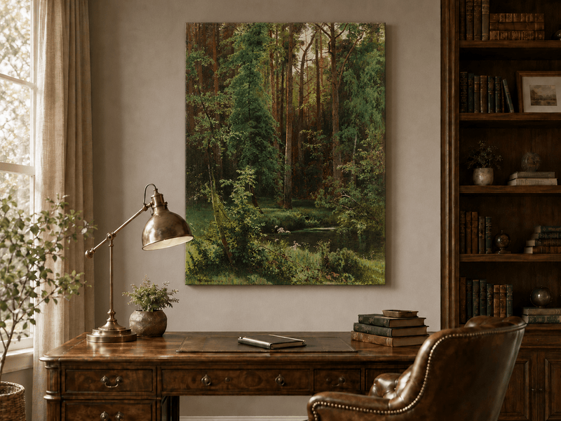 Unframed hand-painted forest pond oil painting with dense pines and reflective water displayed above a traditional home office desk.