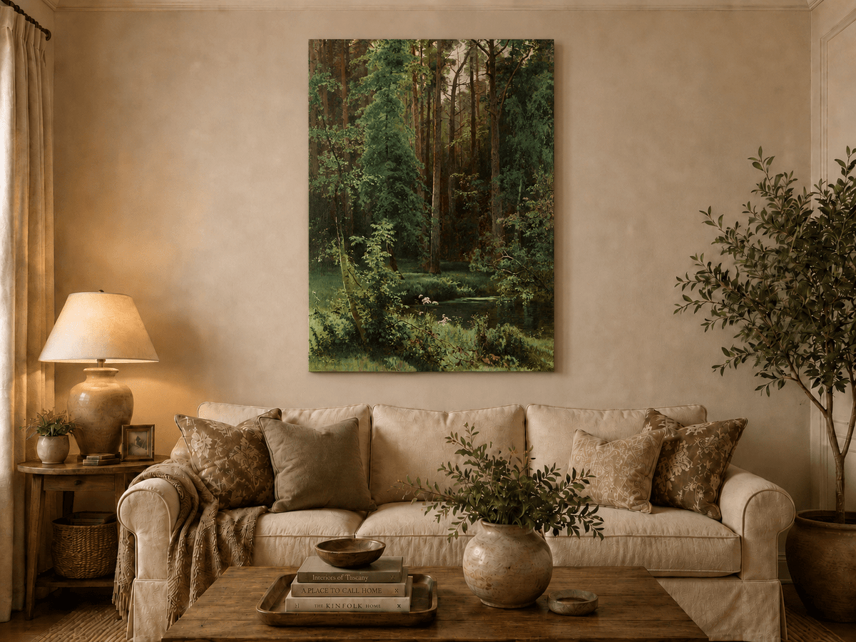 Unframed hand-painted forest pond oil painting with dense pines and reflective water displayed above a neutral living room sofa.