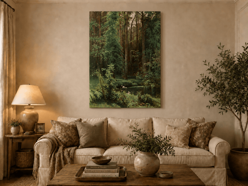 Unframed hand-painted forest pond oil painting with dense pines and reflective water displayed above a neutral living room sofa.