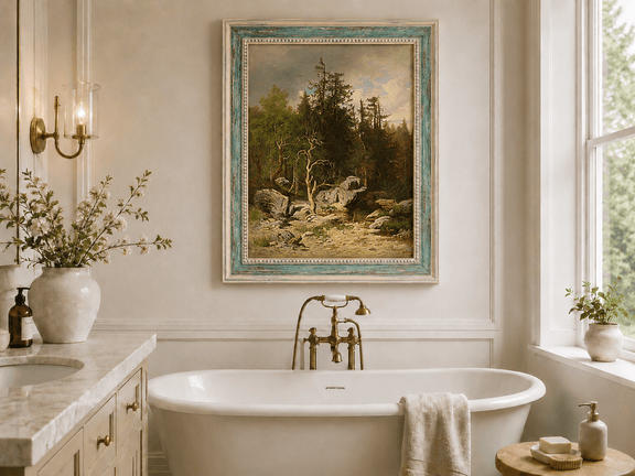Framed hand-painted forest oil painting with rocks, a creek and a gnarled old tree displayed above a freestanding bathtub.