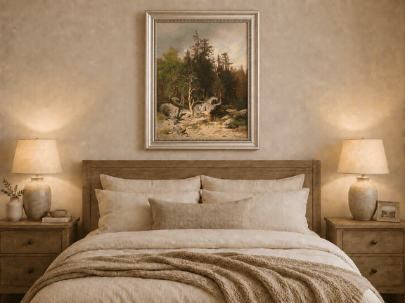 Framed hand-painted forest oil painting with rocks, a creek and a gnarled old tree displayed above a wooden bed in a neutral bedroom.