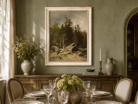 Framed hand-painted forest oil painting with rocks, a creek and a gnarled old tree displayed above a formal dining table.