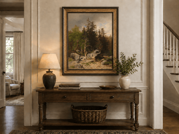 Framed hand-painted forest oil painting with rocks, a creek and a gnarled old tree displayed above an entryway console table.
