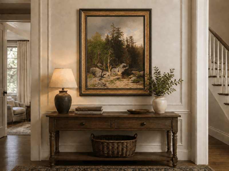 Framed hand-painted forest oil painting with rocks, a creek and a gnarled old tree displayed above an entryway console table.