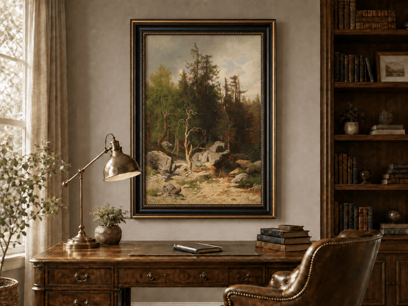 Framed hand-painted forest oil painting with rocks, a creek and a gnarled old tree displayed above a traditional home office desk.