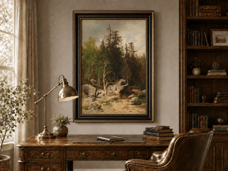 Framed hand-painted forest oil painting with rocks, a creek and a gnarled old tree displayed above a traditional home office desk.