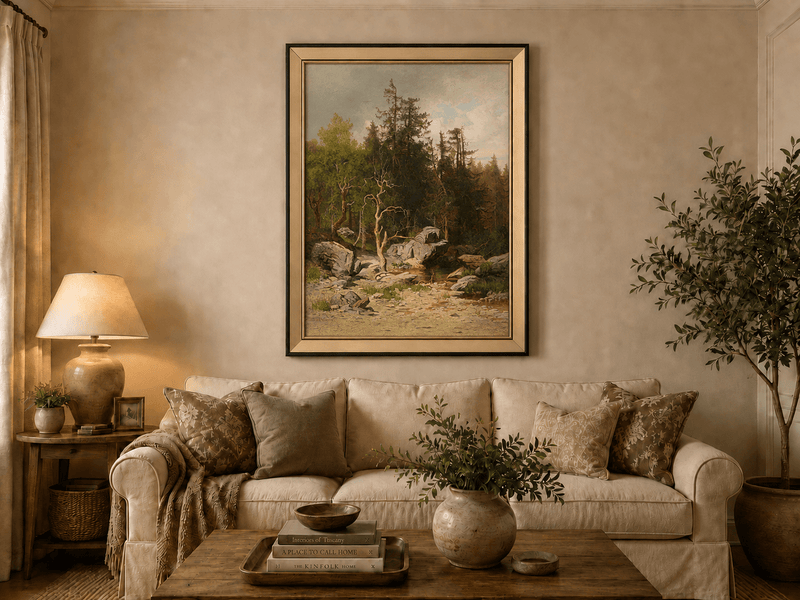 Framed hand-painted forest oil painting with rocks, a creek and a gnarled old tree displayed above a neutral living room sofa.