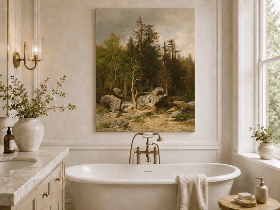 Unframed hand-painted forest oil painting with rocks, a creek and a gnarled old tree displayed above a freestanding bathtub.