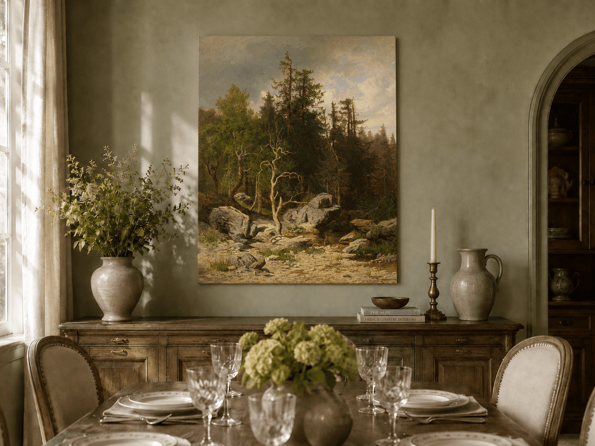 Unframed hand-painted forest oil painting with rocks, a creek and a gnarled old tree displayed above a formal dining table.
