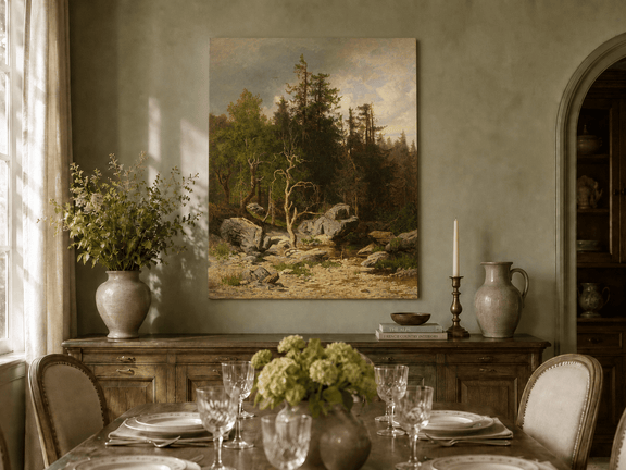 Unframed hand-painted forest oil painting with rocks, a creek and a gnarled old tree displayed above a formal dining table.
