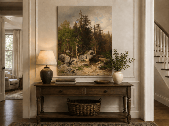 Unframed hand-painted forest oil painting with rocks, a creek and a gnarled old tree displayed above an entryway console table.