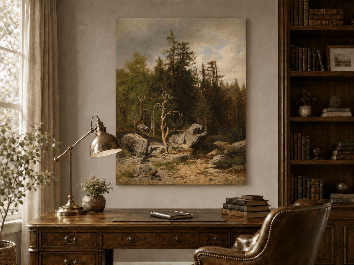 Unframed hand-painted forest oil painting with rocks, a creek and a gnarled old tree displayed above a traditional home office desk.