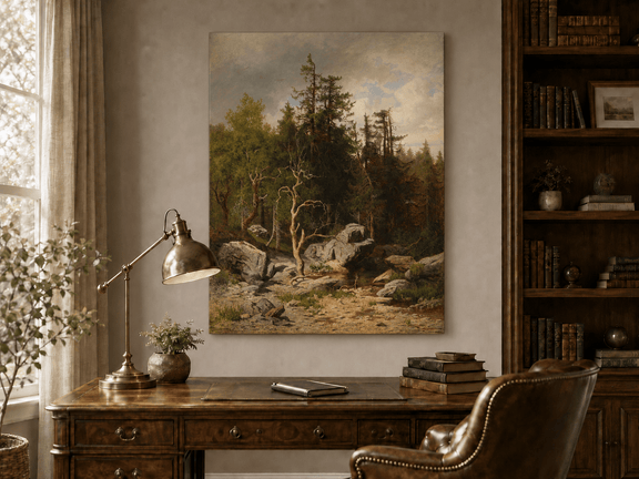 Unframed hand-painted forest oil painting with rocks, a creek and a gnarled old tree displayed above a traditional home office desk.