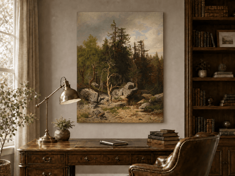 Unframed hand-painted forest oil painting with rocks, a creek and a gnarled old tree displayed above a traditional home office desk.