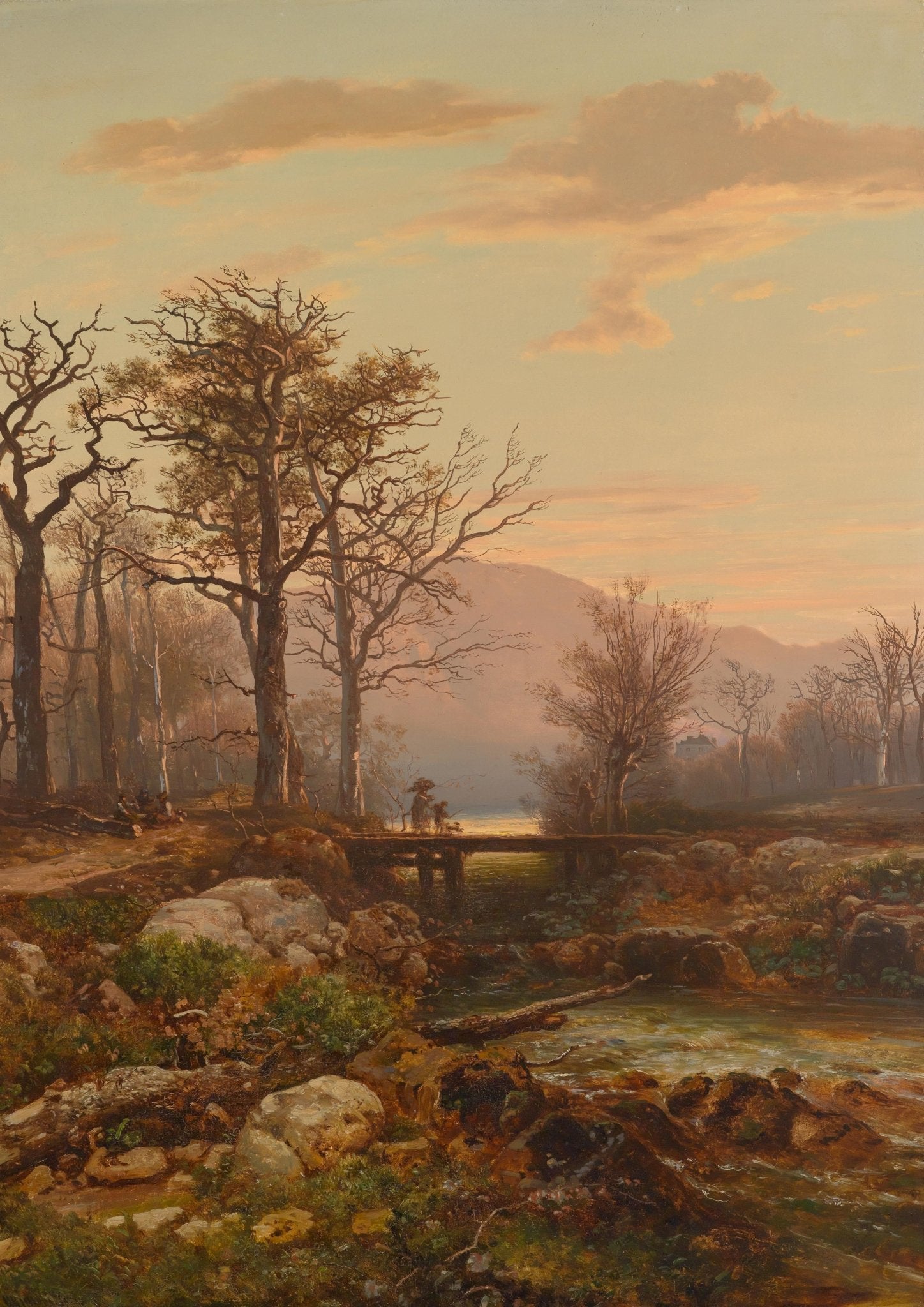 Forest Stream at Dusk, Bare Trees, Soft Light – Landscape Oil Painting - Oil Painting Haven