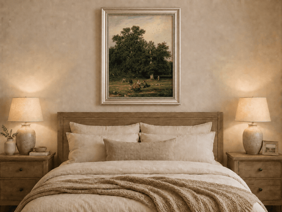 Framed hand-painted forest stream oil painting with figures beneath a large tree displayed above a wooden bed in a neutral bedroom.