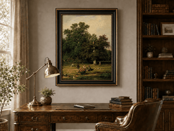 Framed hand-painted forest stream oil painting with figures beneath a large tree displayed above a traditional home office desk.