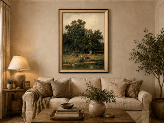 Framed hand-painted forest stream oil painting with figures beneath a large tree displayed above a neutral living room sofa.