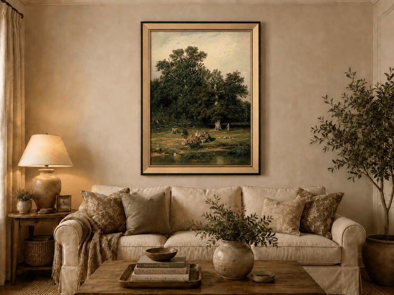 Framed hand-painted forest stream oil painting with figures beneath a large tree displayed above a neutral living room sofa.