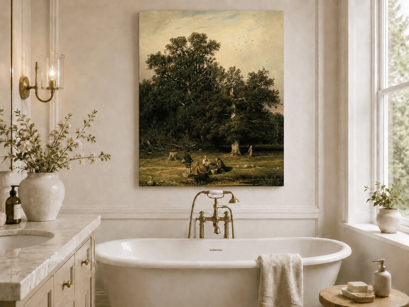 Unframed hand-painted forest stream oil painting with figures beneath a large tree displayed above a freestanding bathtub.