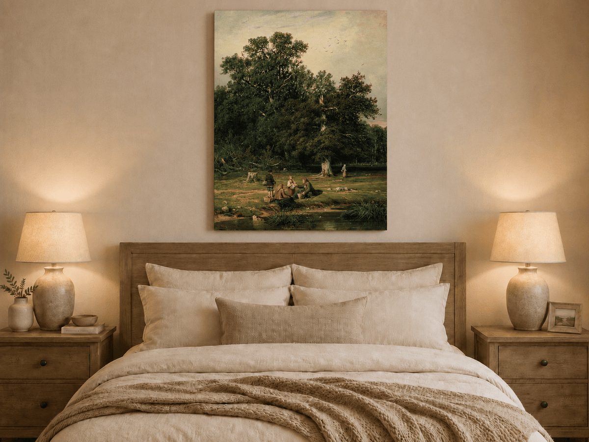 Unframed hand-painted forest stream oil painting with figures beneath a large tree displayed above a wooden bed in a neutral bedroom.