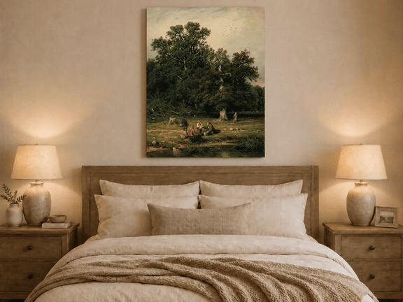 Unframed hand-painted forest stream oil painting with figures beneath a large tree displayed above a wooden bed in a neutral bedroom.