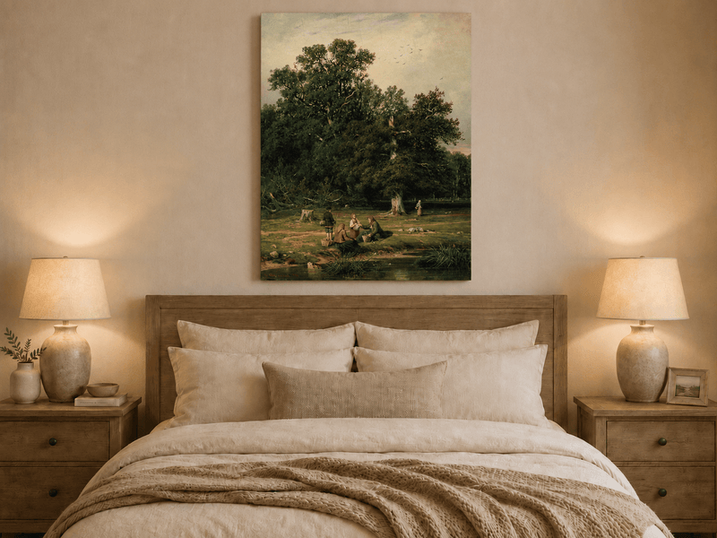 Unframed hand-painted forest stream oil painting with figures beneath a large tree displayed above a wooden bed in a neutral bedroom.